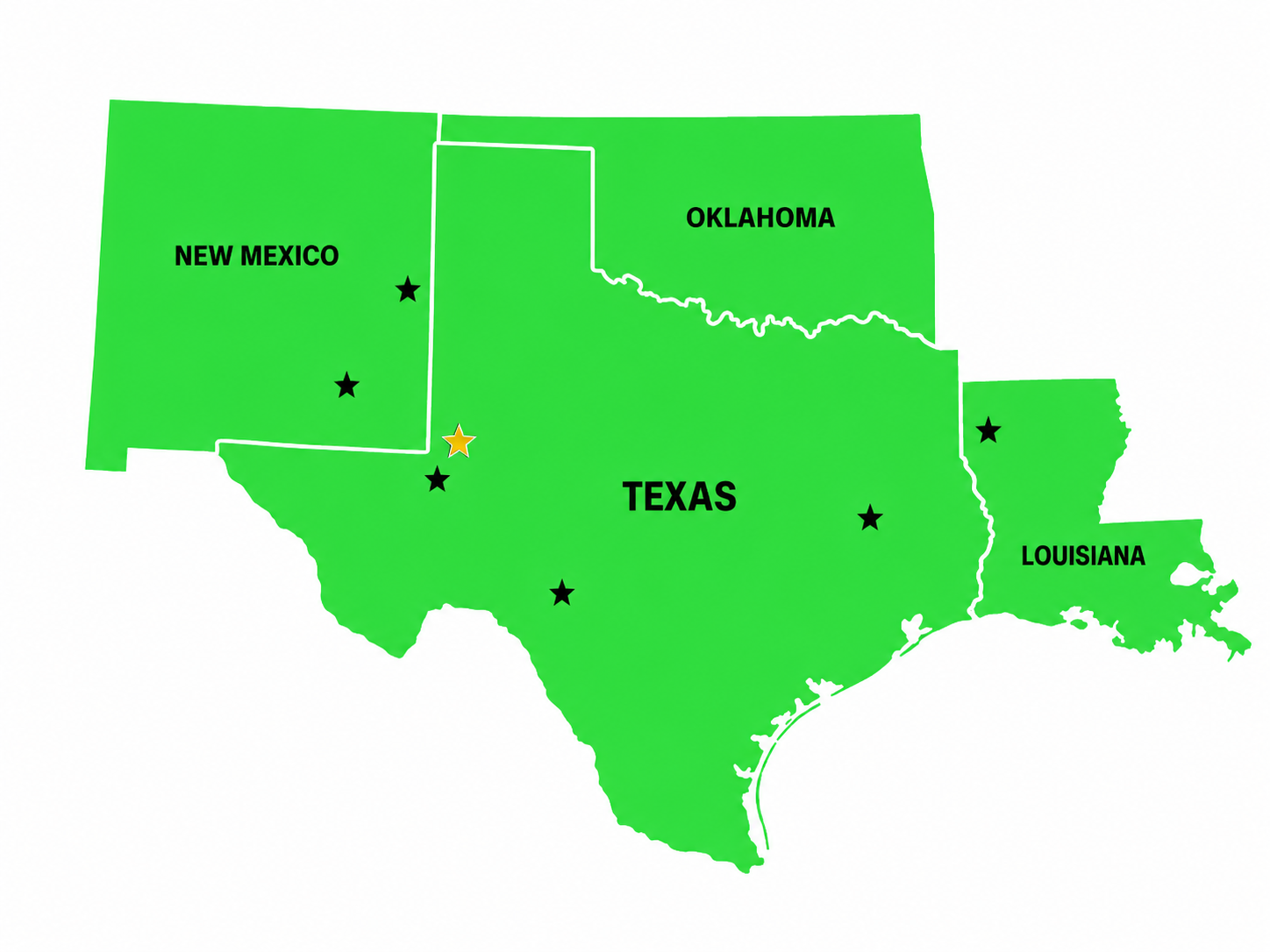 X-TECH NDT service area map covering Texas, New Mexico, Oklahoma, and Louisiana